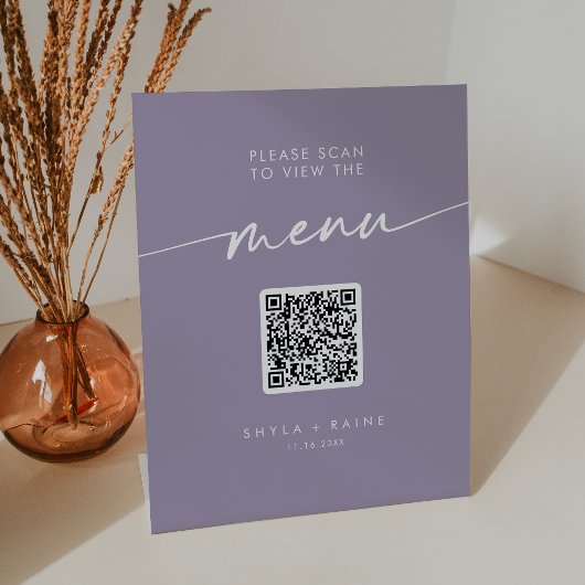 Boho chique lavendel Paarse QR code bruiloft menu Reclamebord Met Voetstuk