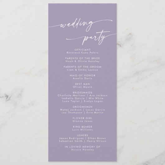 Boho chique lavendel Paarse theelengte bruiloft Programmakaart (Achterkant)
