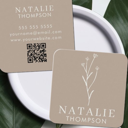 Boho chique minimalistische Greige bloem QR-code Vierkante Visitekaartje