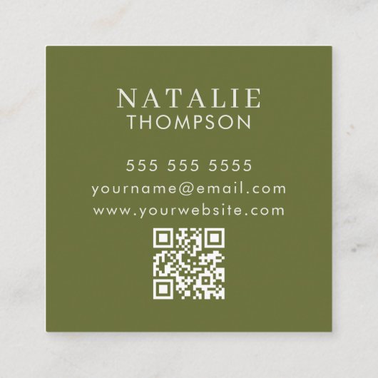 Boho Chique Minimalistische Olijf Groene Bloem QR  Vierkante Visitekaartje (Achterkant)