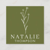 Boho Chique Minimalistische Olijf Groene Bloem QR  Vierkante Visitekaartje (Voorkant)