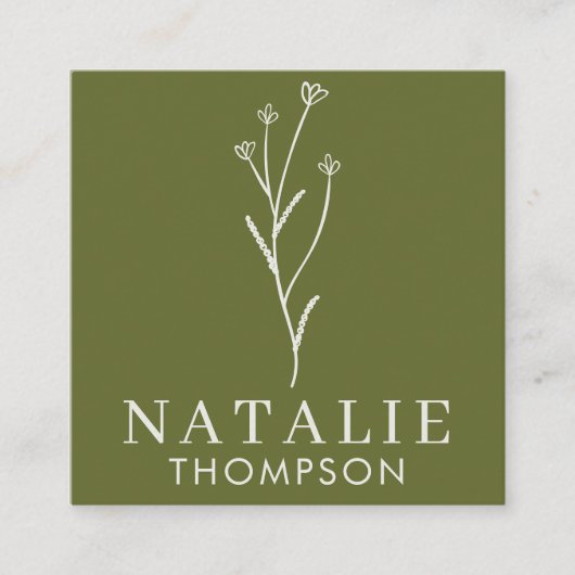 Boho Chique Minimalistische Olijf Groene Bloem QR Vierkante Visitekaartje (Voorkant)