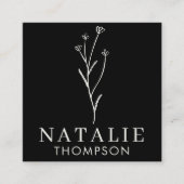 Boho Chique Minimalistische Zwarte Bloem QR Code Vierkante Visitekaartje (Voorkant)