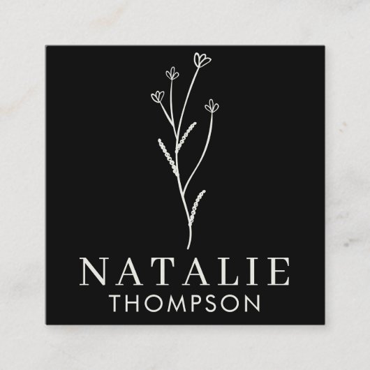 Boho Chique Minimalistische Zwarte Bloem QR Code Vierkante Visitekaartje (Voorkant)