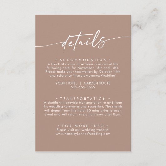 Boho Chique Neutrale Taupe Bruiloft Details Informatiekaartje (Voorkant)