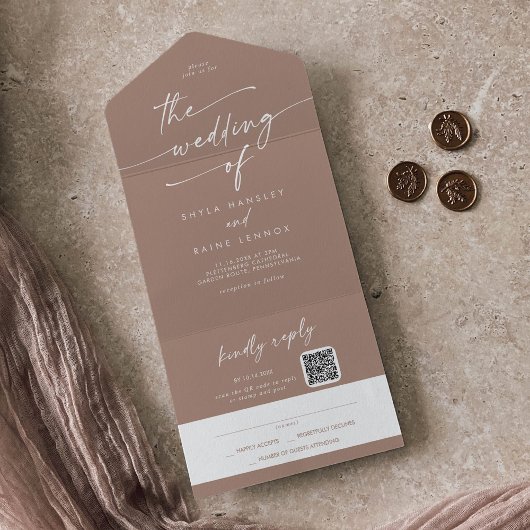 Boho Chique Neutrale Taupe QR Code Mail In Bruilof All In One Uitnodiging