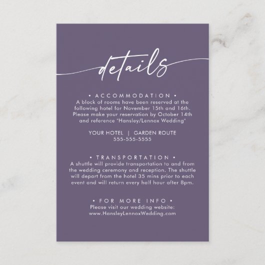 Boho chique pruim Paarse bruiloft details Informatiekaartje (Voorkant)
