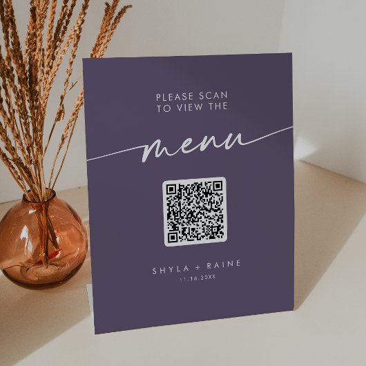 Boho chique pruim Paarse QR-code bruiloft Menu Reclamebord Met Voetstuk