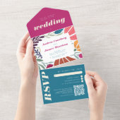 Boho chique retro heldere bloemrijke bruiloft all in one uitnodiging (Afscheurbaar)