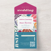 Boho chique retro heldere bloemrijke bruiloft all in one uitnodiging (Binnen)