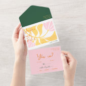 Boho chique retro heldere bloemrijke bruiloft all in one uitnodiging (Afscheurbaar)