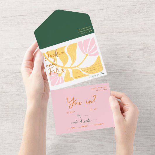 Boho chique retro heldere bloemrijke bruiloft all in one uitnodiging (Afscheurbaar)