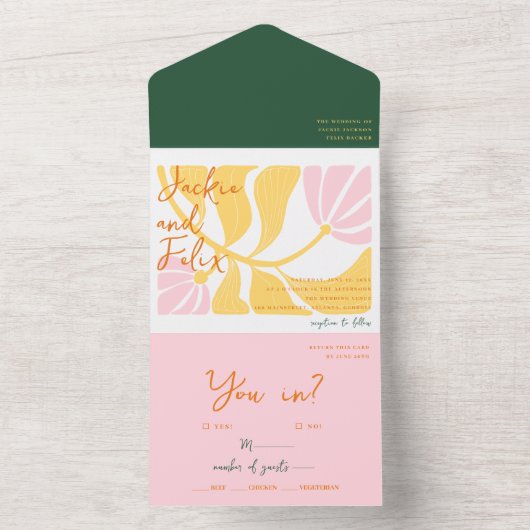 Boho chique retro heldere bloemrijke bruiloft all in one uitnodiging (Binnen)