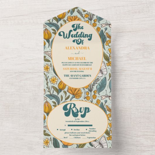 Boho chique retro kleurrijke bloemenbruiloft all in one uitnodiging (Binnen)