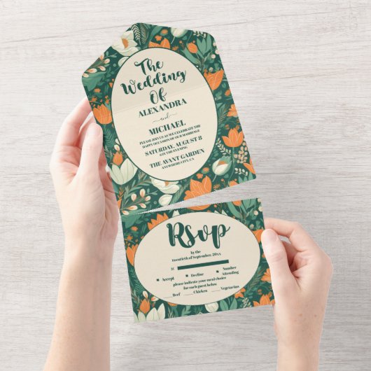 Boho chique retro kleurrijke bloemenbruiloft all in one uitnodiging (Afscheurbaar)