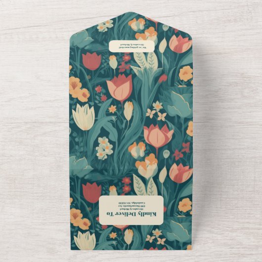 Boho chique retro kleurrijke bloemenbruiloft all in one uitnodiging (Buitenkant)