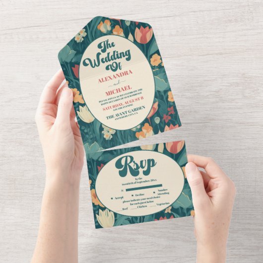 Boho chique retro kleurrijke bloemenbruiloft all in one uitnodiging (Afscheurbaar)