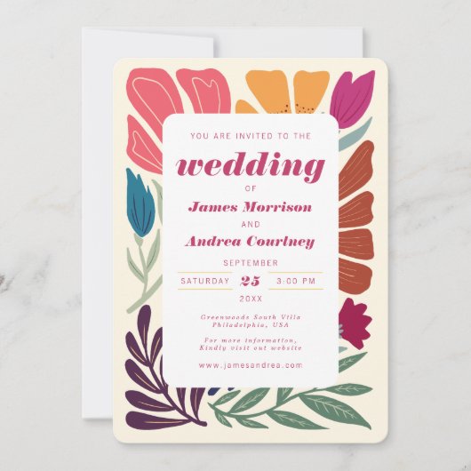 Boho chique retro kleurrijke bloemenbruiloft kaart (Voorkant)