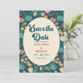 Boho chique retro kleurrijke bloemenbruiloft save the date (Staand voorkant)