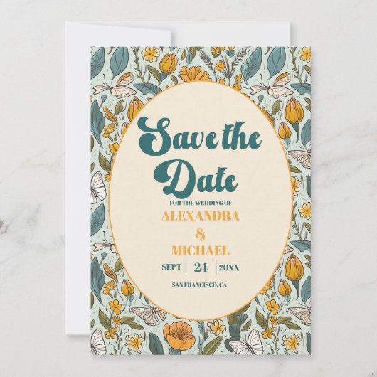 Boho chique retro kleurrijke bloemenbruiloft save the date (Voorkant)