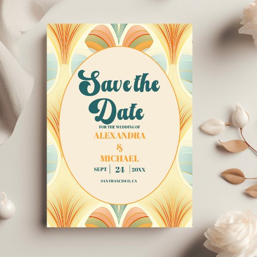 Boho chique retro kleurrijke bloemenbruiloft save the date