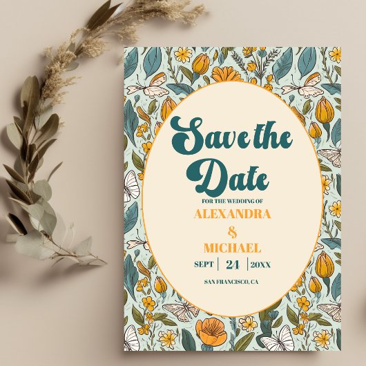 Boho chique retro kleurrijke bloemenbruiloft save the date