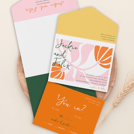 Boho chique retro kleurrijke bloemenbruiloft uitno all in one uitnodiging