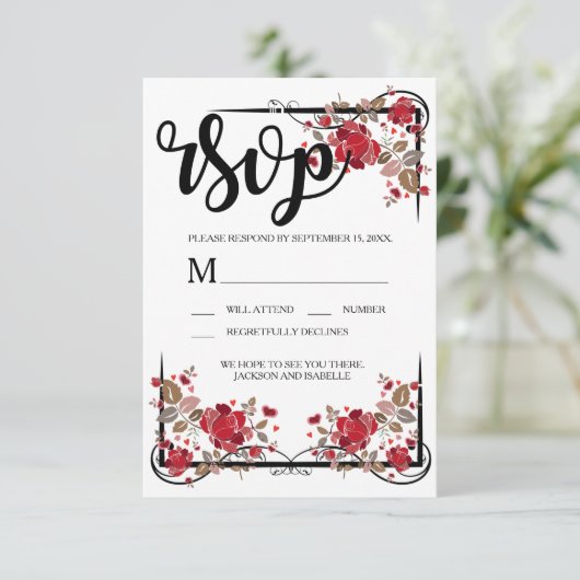Boho Chique Rode Rozen RSVP-kaart RSVP Kaartje (Staand voorkant)