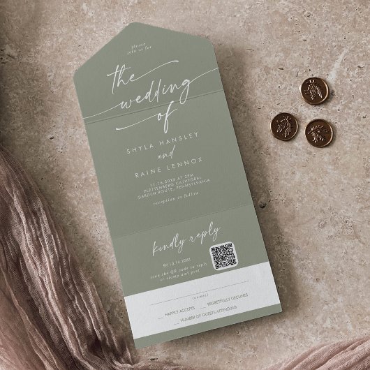 Boho Chique Sage Groene QR Code Mail In Bruiloft All In One Uitnodiging