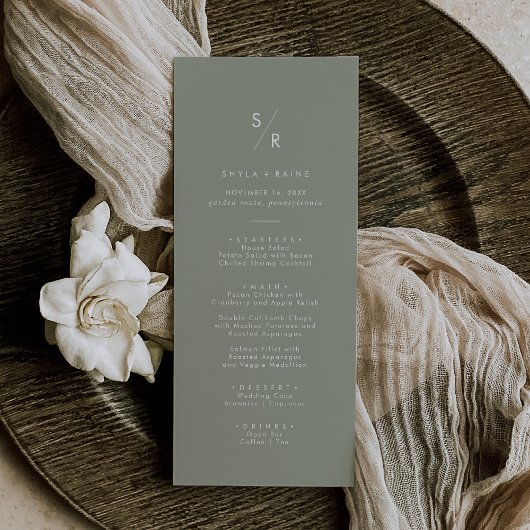 Boho chique salie groen monogram bruiloft menu