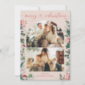 Boho chique stoffige roze botanische foto kerst feestdagenkaart (Voorkant)