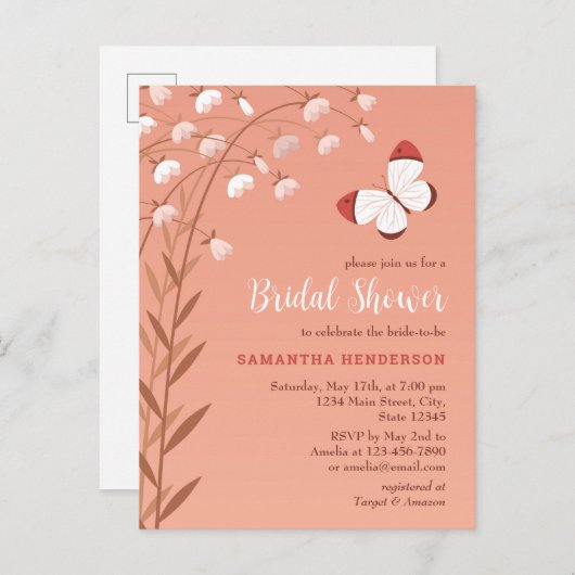 Boho chique vlinder bloemig elegant Vrijgezellenfe Uitnodiging Briefkaart (Voorkant / Achterkant)