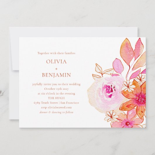 Boho chique Waterverf roze Sinaasappel bloemen bru Kaart (Voorkant)