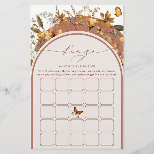 Boho chique wilde bloemen boog bruids bingo spel (Voorkant)
