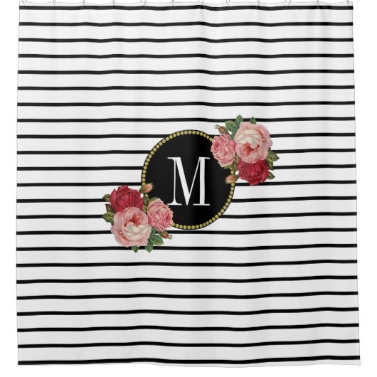Boho chique zwart wit gestreept bloemmonogram douchegordijn (Voorkant)