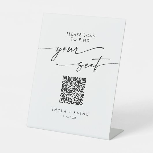 Boho Chique Zwart-wit Zittingkaart QR Code Reclamebord Met Voetstuk (Voorkant)