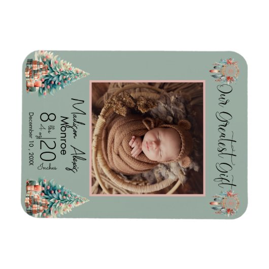 Boho Christmas Baby Stats geboorte aankondiging Magneet (Horizontaal)