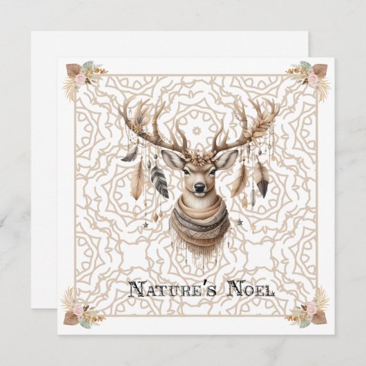 Boho Christmas Deer Non Photo Christmas Card Flat Feestdagenkaart (Voorkant / Achterkant)
