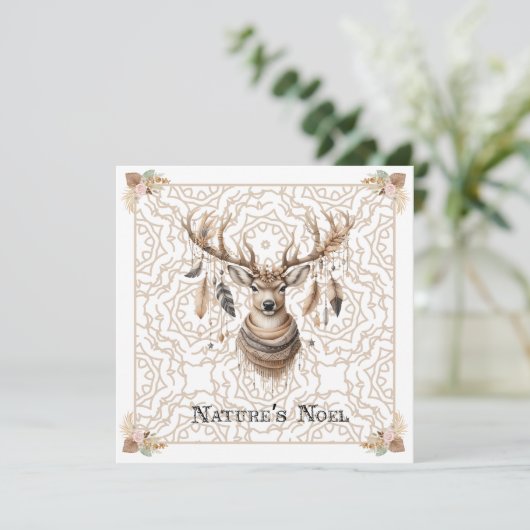 Boho Christmas Deer Non Photo Christmas Card Flat Feestdagenkaart (Staand voorkant)