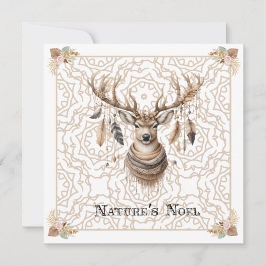 Boho Christmas Deer Non Photo Christmas Card Flat Feestdagenkaart (Voorkant)