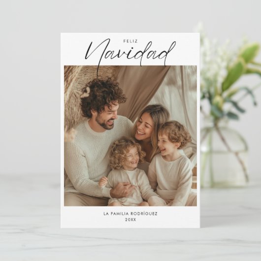Boho Christmas Feliz Navidad Familiefoto Feestdagenkaart (Staand voorkant)