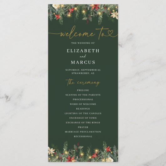 Boho Christmas Pine Tree Lights Elegant Huwelijk Programmakaart (Voorkant)
