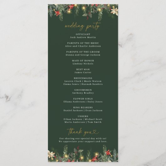 Boho Christmas Pine Tree Lights Elegant Huwelijk Programmakaart (Achterkant)