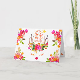 Boho Christmas Red Nose Rendier Floral Waterverf Feestdagen Kaart