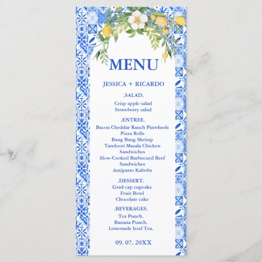 Boho citroen blauw mediterraan tegel Italiaans bru Menu (Voorkant)