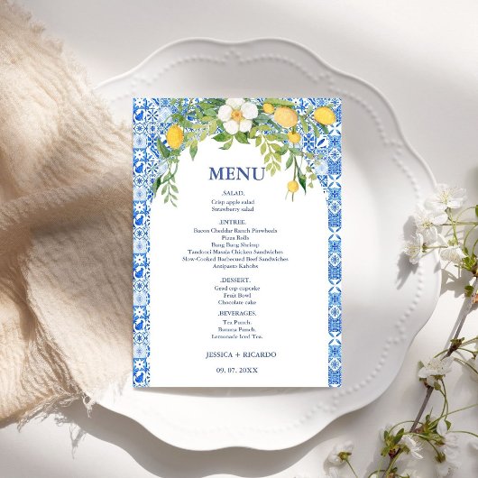 Boho Citroen Blauwe Mediterraanse tegel Italiaanse Menu