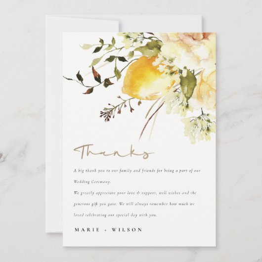 Boho citroen geel Waterverf bloemenbruiloft Bedankkaart (Voorkant)
