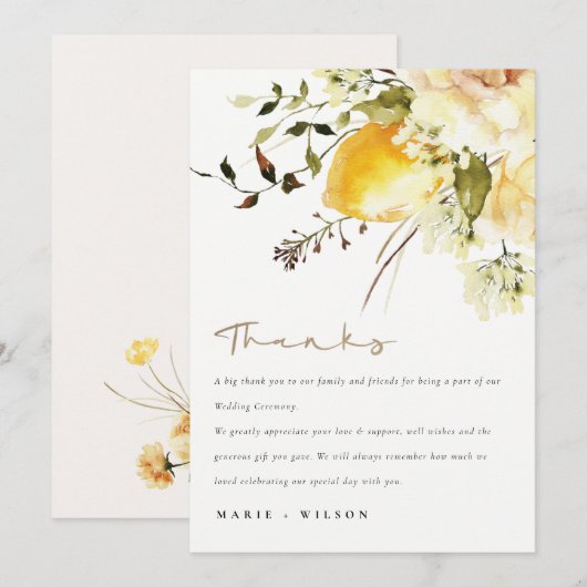 Boho citroen geel Waterverf bloemenbruiloft Bedankkaart (Voorkant / Achterkant)