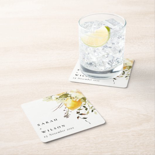 Boho citroen geel Waterverf bloemenbruiloft Kartonnen Onderzetters (Insitu)