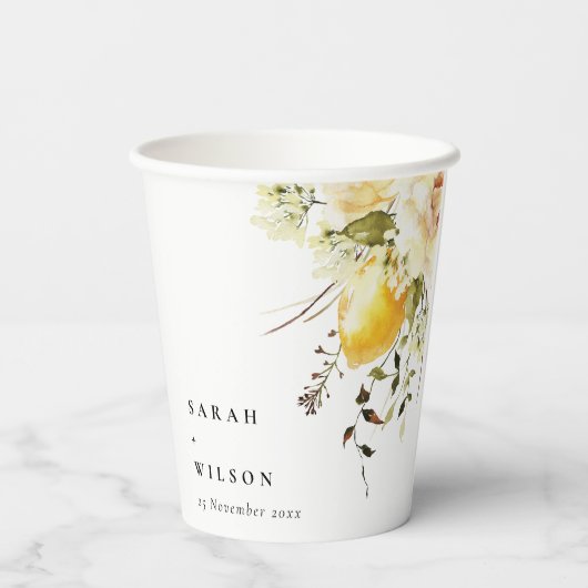 Boho citroen geel Waterverf bloemenbruiloft Papieren Bekers (Achterkant)